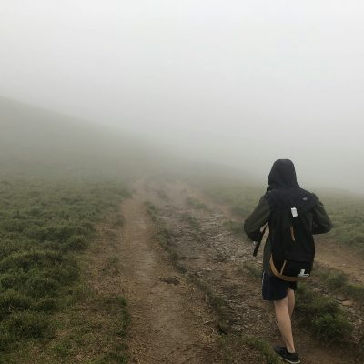 person carrying backpack while walking on green field